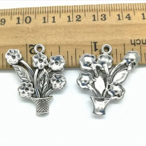 2 Womens Antique Silver Growing Flowerpot Pendant/Charms - Picture 2 of 2